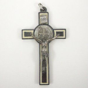 Cross Pendant ONLY Hematite Enamel 3 in Silvertone Men Women INRI Crucifix CSBB